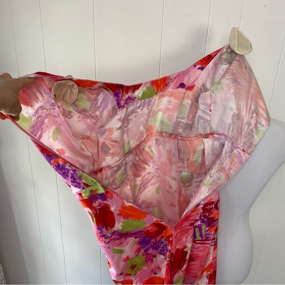 Vintage 60s 70s Pink Floral Empire Waist Maxi Dress Hostess 19.5” PTP, 15.5” W - Picture 7 of 16